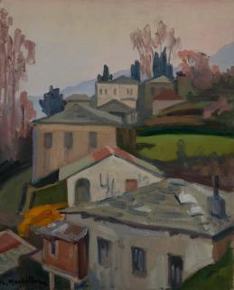 Zagora, View with Houses, Trees — Oil painting, Canvas, 38.00×46.00cm — Theodoros Markellos